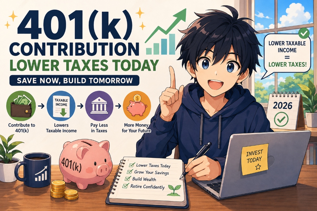 Illustration showing how 401(k) contributions reduce taxable income and federal taxes in 2026