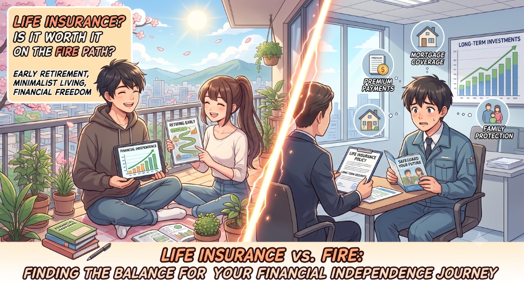 Illustration comparing the FIRE path with early retirement and minimalist living versus life insurance policies and financial protection
